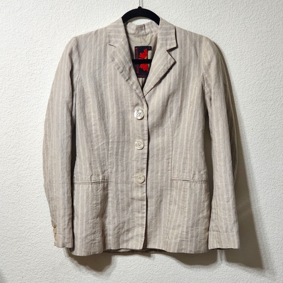 Debbie Shuchat Blazer Womens 6 Striped 3 Button Long Sleeve Lined 100% Linen Top